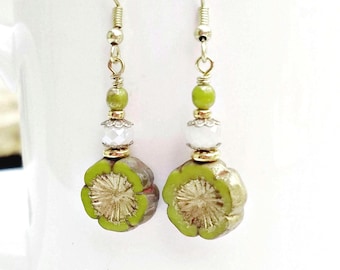 Green Czech Glass Flower Beaded Earrings