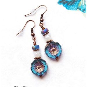 Dainty Blue Czech Glass Flower Earrings