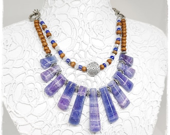 Double Strand Denim Blue Agate Statement Necklace with Wood Beads