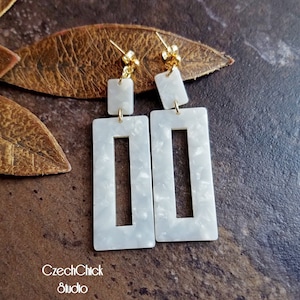 White Marbled Acetate Rectangle Statement Earrings