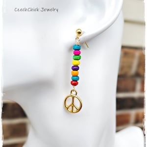 Colorful Wood Bead Peace Sign Earrings