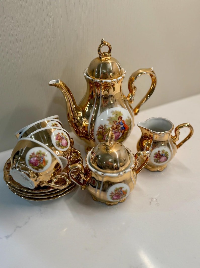 Vintage Gold Gilded Tea Set With Romantic Fragonard Scenes | “foreign ...