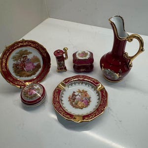Limoges France Porcelaine d’Art Burgundy Gold Fragonard Style Decorative Set – Vintage Collectible Home Decor