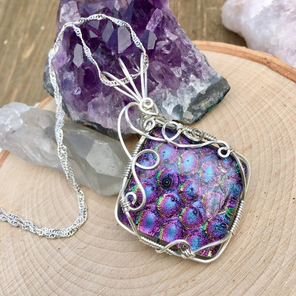 Mermaid Dichroic Glass Necklace Wire Wrapped Pendant, Glass Wire Wrap, Sterling Silver Mermaid Jewelry, Dichroic Fused Glass Glitter Scales
