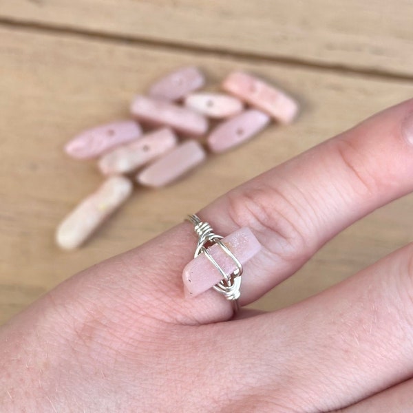 Pink Opal Ring, Natural Pastel Pink Opal Ring, Boho Ring, Pastel Gemstone Ring, Pink Opal Jewelry, Wire Wrapped Opal