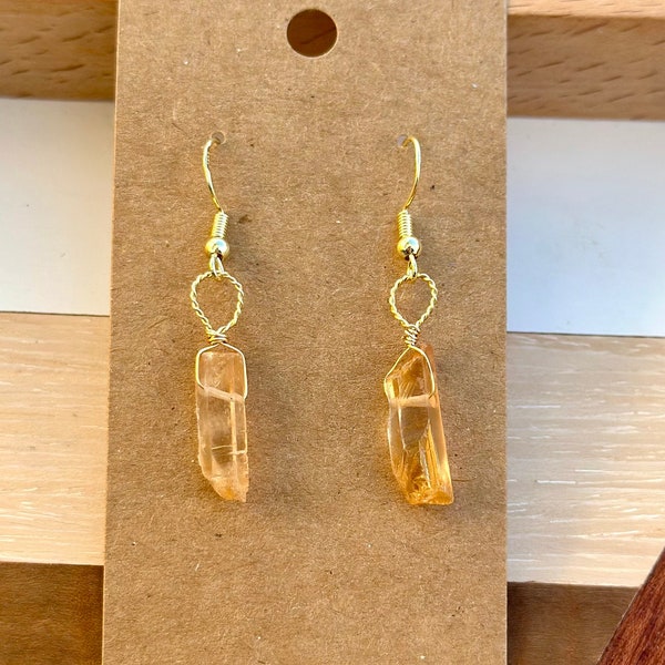 Mini Light Orange Quartz Crystal Earrings, Pastel Orange Gemstone Bead Earrings, Crystal Point Earrings, Wire Wrap Gemstone Jewelry, Kids