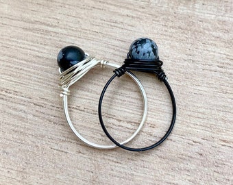 Snowflake Obsidian Ring, Obsidian Gemstone Bead Ring, Crystal Rings, Wire Wrapped Ring, Black Wire Wrap, Wire Wrapped Stone Ring