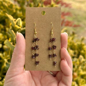 Garnet Dangle Earrings: Dark Red Gemstone Chip Bead Dangle, Gold, Silver, or Copper Wire