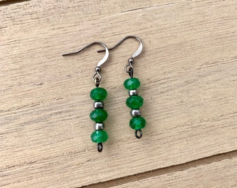 Green Emerald (Lab Created) Earrings, Green Emerald Gemstone Crystal Earrings, Small Bead Dangle Earrings, Emerald Dangle Earrings