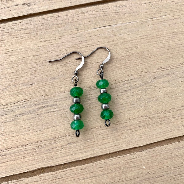 Green Emerald (Lab Created) Earrings, Green Emerald Gemstone Crystal Earrings, Small Bead Dangle Earrings, Emerald Dangle Earrings