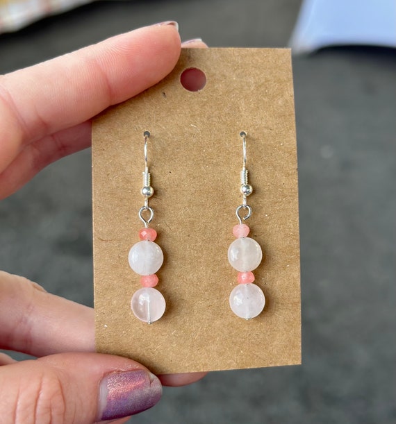 Rose Quartz Dangle Earrings: Pink Gemstone Chip Bead, Wire Wrap