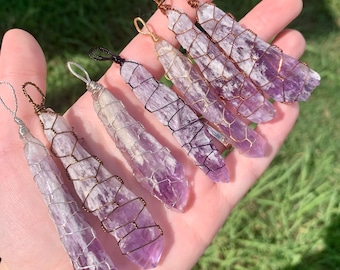Long Raw Amethyst Crystal Pendant Necklace: Wire Wrapped Jewelry