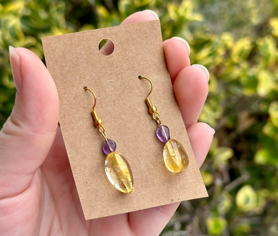 Boucles D'oreilles Pendantes Citrine Jaune Facettée - Argent 925, Fait Main, Inde