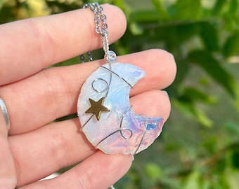 Opalite Crescent Moon Necklace: Silver Wire Wrapped Pendant with Star