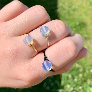 Wire Wrapped Opalite Ring, Opalite Jewelry, Opal Bead Ring, Blue Opal Crystal Rings, Stone Wire Wrap Ring, Boho Rings