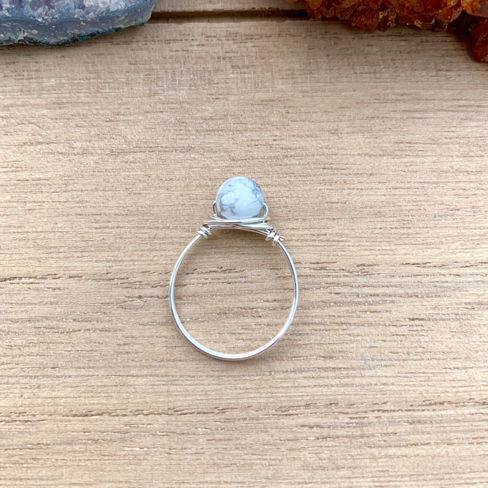 Wire Wrapped Howlite Ring, Howlite Jewelry, White Howlite Bead Ring ...