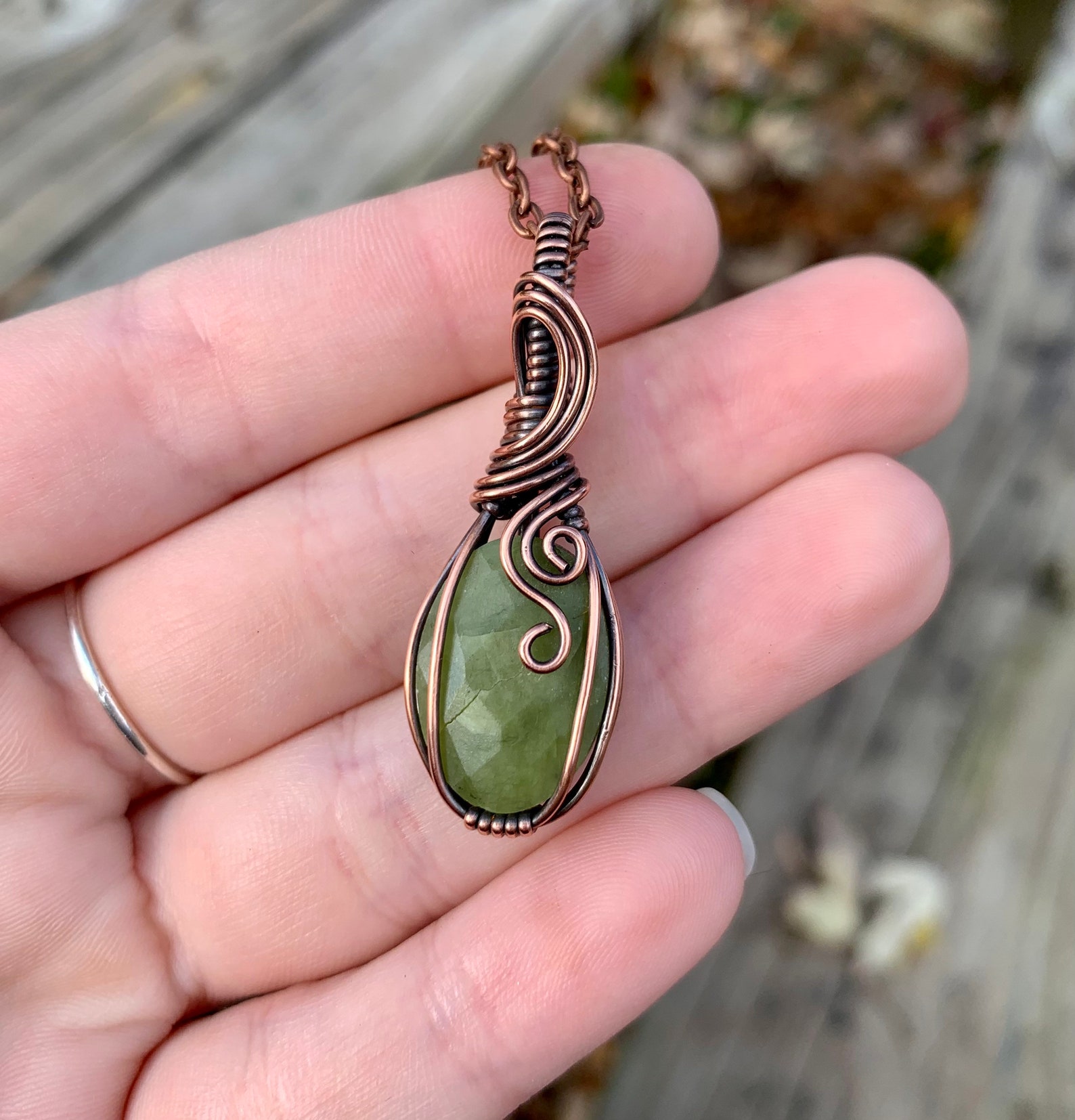 Green Jadeide Copper Necklace Green Jade Jewelry Small Wire Etsy