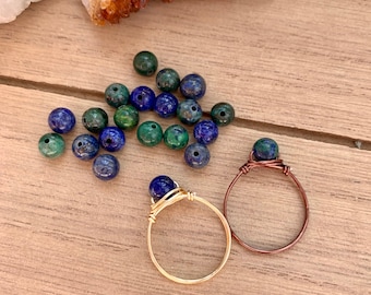 Blue Green Azurite Ring, Azurite Gemstone Jewelry, Blue Bead Ring, Azurmalachite Gemstone Rings, Wire Wrapped Crystal Ring, Blue Crystal