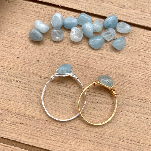 Wire Wrapped Blue Aquamarine Ring, Aquamarine Birthstone Crystal Jewelry, Wire Wrapped Aquamarine Bead Ring, Simple Wire Wrap Ring Gemstone