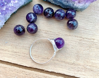 Wire Wrapped Amethyst Crystal Ring, Amethyst Jewelry, Bead Ring, Crystal Jewelry, Crystal Rings, Wire Wrapped Boho Ring, Amethyst Wire Wrap