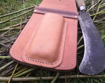 Billhook Sheath / Holster - fold-over opening - including saw pouch. Hand made in the UK using British leather