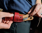 Pruning Knife with Leather Pouch/Sheath - Sideways belt attachment - Natural British Leather - Wooden Handle - EDC - Ready to post.