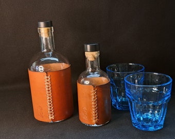 Glass Bottle with Leather Cover for water, gin, wine, spirits. 200ml 500ml READY TO POST