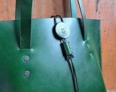 Green Italian Leather Tote Bag: Veg-Tanned Button Closure READY TO POST