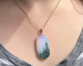 Hand painted moonstone pendant, pine tree necklace with gold filled silver chain 18 in., unique jewelry, wearable art