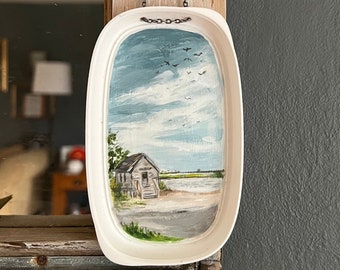 The Shack, Assateague Island hand painted, 2.75"x4.75" art on French's plastic lid, recycled material