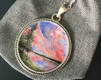 Lake sunset necklace, hand painted round pendant with silver tone finish 18 inch chain