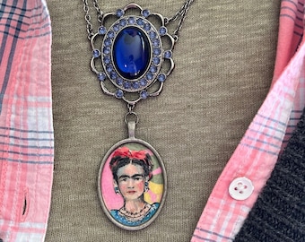Frida Kahlo hand painted pendant, original art, up-cycled costume jewelry, 20 inch metal chain, statement necklace