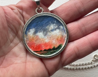 Hand painted necklace, original art, colorful sky, round metal pendant with chain, wearable art, silver tone, 38 Millimeters round