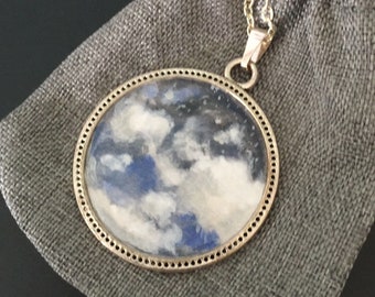 Cloudscape mini hand painted pendant, silver tone finish 18 inch chain