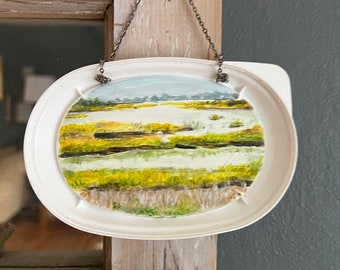 Painting, marshes of Assateague Island 5x3.5" plastic butter lid, small art