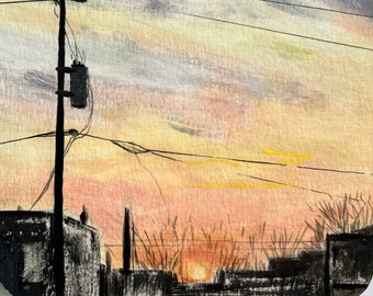 Original painting, sunset in the neighborhood, on wood 4.75 x 6.5 inches  small art