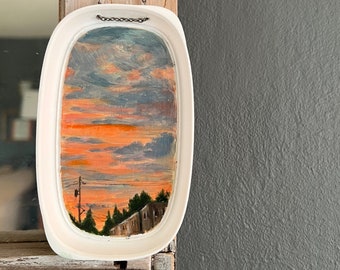 Hand painted landscape, Sunset, 2.75"x4.75 French's Lid, Philadelphia, neighborhood, small art