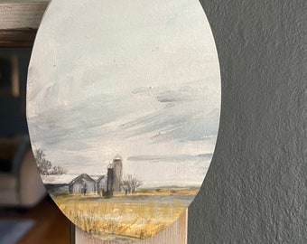 Farm landscape painting on oval wood 5x3.5 inch, grey days