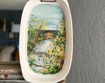 Hand painted landscape, 2.75"x4.75 Wissahickon Creek, Philadelphia, French's Lid