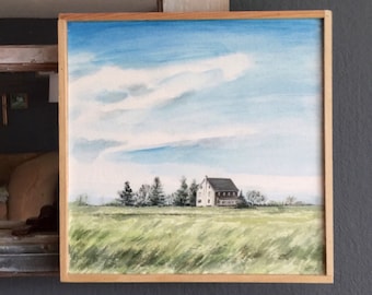 Summer landscape painting in wood frame 8.5 inch square, Pennsylvania, farmland, original art