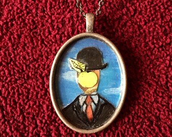 Magritte, hand painted art necklace, on antique silver tone pendant with 18"chain, jewelry