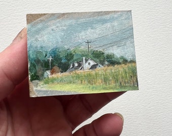 Original landscape painting on wood, 2 x 1.5 inch, farmland, summer, small art, hand painted