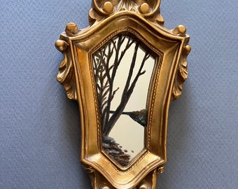 Mirror, hand painted, landscape, 9.25 x 4.5 inches, original art, golden molded plastic frame mirror, upcycled, ready to hang
