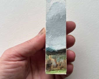 Mini art on wood, Original painting, 4 x1 inch, hand painted, moody sky, Landscape art