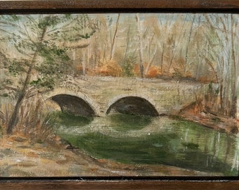 Landscape painting, Bells Mill, 4.5"x3" wood frame, Original Art,Philadelphia, forbidden drive