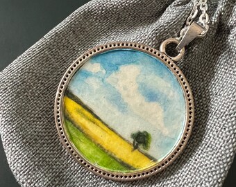 Hand painted landscape pendant, silver tone finish on 18" chain