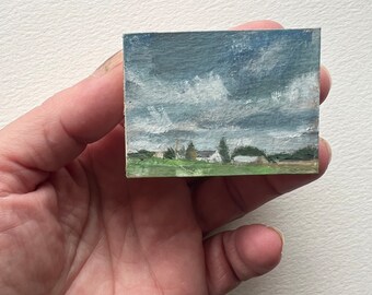 Original painting, Miniature art on wood, 2 in x 1.5 in, hand painted, cloudy sky, houses