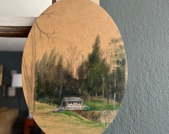Moody landscape painting on paper with wood back, oval 6.5 x 4.5 in original art, covered bridge, nature art, trees