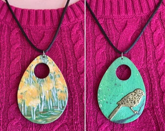 Hand painted necklace, double-sided pendant, upcycled,  colorful trees, nature, 80's style