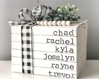 Personalized Name Decor // Vintage Custom Book Decor // Personalized Books // Custom Books Stacks // Farmhouse Decor // hand stamped books